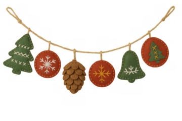 Christmas garland stringing felt ornaments, pine cone, trees, bells, and snowflakes for holiday seasons decor