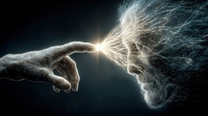 指先から光を発する手がエネルギー状の顔と接触している様子 | A hand emitting light from the fingertip touching an energetic face figure
