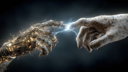 機械的なロボットの手と土に覆われた人間の手が指先で接触し、電光が走る未来的なコンセプト | Futuristic concept of mechanical robot hand and earth-covered human hand touching fingertips with electric discharge