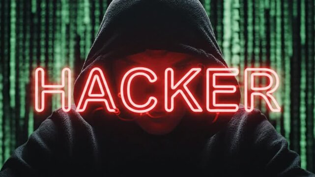 Anonymous hooded figure with glowing word hacker over digital binary code background