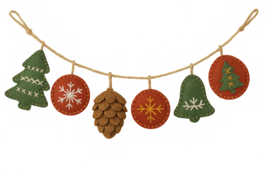 Christmas garland stringing felt ornaments, pine cone, trees, bells, and snowflakes for holiday seasons decor
