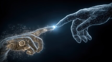 デジタルワイヤーフレームで構成された二つの手が暗い空間で指先を合わせる瞬間 | Two digital wireframe hands touching fingertips in a dark abstract space