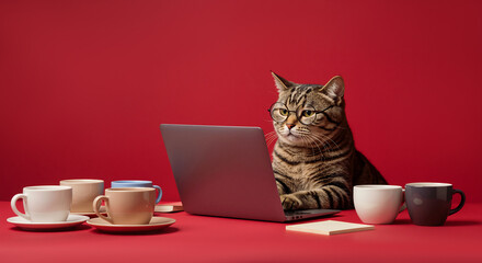 A funny tabby cat with glasses working on a laptop at a red desk. Humorous business pet in an office with many coffee cups. Remote work and deadline concept with copy space