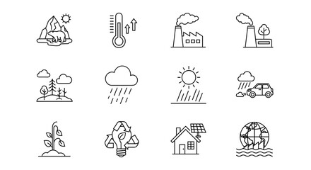Global Warming Modern Outline Style Icon Set for Design, Cards, Apps, and Social Networks: A Vector Cartoon Illustration on a White Background, Featuring a Collection of Thematic Icons Representing