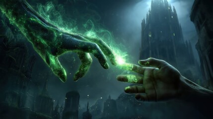 廃墟の街並みの上空で、緑色の粒子状のエネルギーに覆われた二つの手が指先を伸ばして接触を試みる光景。 | Two hands covered in green particle energy reaching out to touch fingertips above a ruined gothic cityscape.