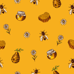 Apiary, beekeeping honey seamless pattern. Jars and a bee . Hand drawn spoon, honeycomb. Clover and chamomile. Engraved elements for your design.