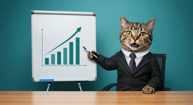 Funny cat in a business suit giving a presentation with a growth chart. A professional animal manager points to a graph showing success and profit. Corporate humor concept - Powered by Adobe