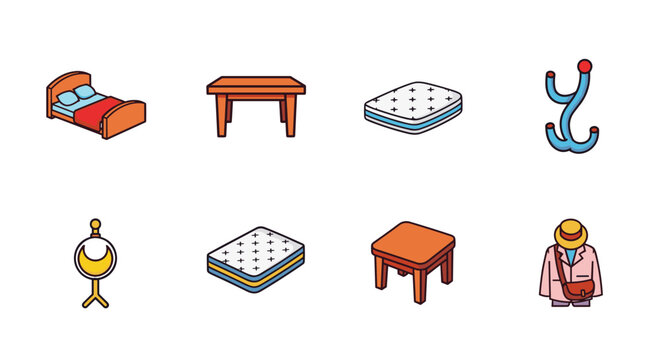 Vibrant Isometric Furniture Icon Pack Featuring a Cozy Bed, a Sturdy Table, Plush Mattresses, and a Stylish Coat Hook, Perfect for Enhancing Cards, Social Media Posts, App Interfaces, and Website