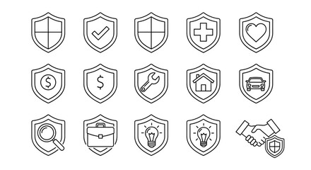 Vector cartoon illustration of a shield and insurance bundle of related line icons, featuring outline signs perfect for graphic and web design, apps, adverts, and various cards, symbolizing