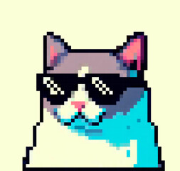 Vector illustration in pixel art style, featuring a cool meme cat wearing black sunglasses. The cat is composed of simple geometric shapes and uses pastel blue, grey, and pink colors.