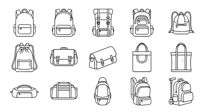Collection of outline vector icons representing various types of bags, including school bags, backpacks for tracking and hiking, duffel bags, satchels, and tote bags, perfect for infographics