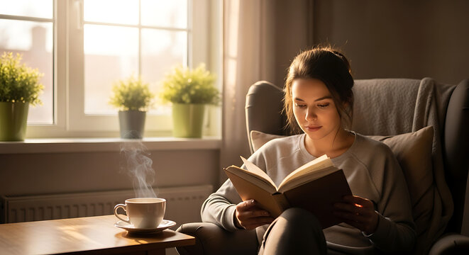Woman reading book with cup of coffee - Powered by Adobe