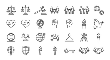 Naklejka premium Human rights line icon set: simple outline symbols of justice, law, equality, social activism, freedom, peace, and family. Vector icons collection featuring scales of justice, gavel, family