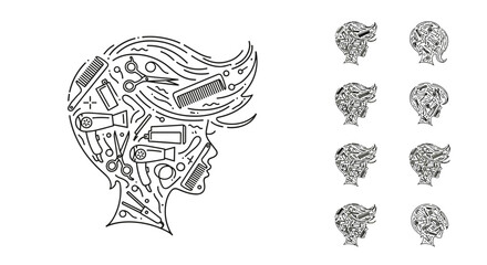 Creative vector illustration of a woman's profile composed of various hairdressing tools and elements, symbolizing beauty salon services and professional hairstyling, with a set of smaller profile