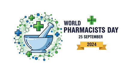 Vibrant vector illustration celebrating World Pharmacists Day on September 25, 2024, featuring a mortar and pestle surrounded by molecular structures, green and blue crosses, and abstract circular