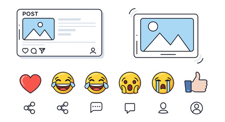 Collection of social media interface elements and emoji reactions, including a post template, tablet display, and various expressive emoticons like laughing, crying, and surprised faces, alongside