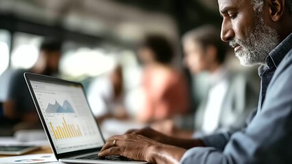 A middle aged Black man types on a laptop displaying financial charts his colleagues debating data points over printed graphs top view of a diverse team financial chart analysis - Powered by Adobe