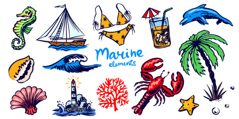 Nautical marine elements with wave, dolphin sea creatures, palm, lighthouse.Coral, seashell, lobster. Hand drawn elements for summer vacation.