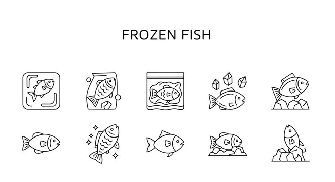Set of minimalistic linear icons and illustrations representing frozen fish, suitable for web, graphic design, apps, banners, social networks, and cards. This vector cartoon collection features