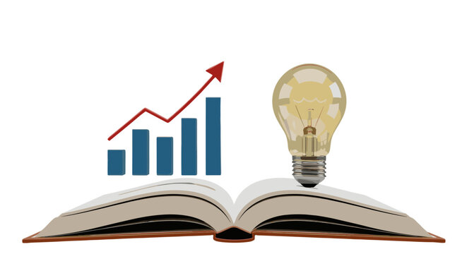 Illuminated light bulb symbolizing a bright idea or innovation, placed on an open book, alongside a rising bar graph indicating growth and progress, representing education, learning, and business - Powered by Adobe