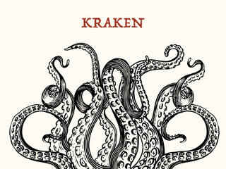 Octopus or Kraken tentacles background. Engraved hand drawn in old sketch, vintage sea monster creature. Nautical or marine. Animal in the ocean. Template for logos, labels and emblems.
