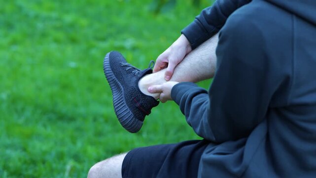 Caucasian man sitting on concrete bench and his leg hurt after workout