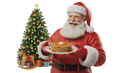 Santa claus holding a plate of pancakes with butter and syrup in front of a decorated christmas tree isolated on transparent background