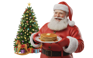 Santa claus holding a plate of pancakes with butter and syrup in front of a decorated christmas tree isolated on transparent background