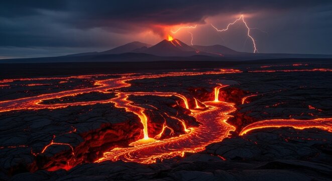 Volcanic eruption with flowing lava and lightning in dramatic nighttime landscape - Powered by Adobe