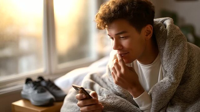 A young man silences his smartphone alarm yawning as he stretches in his cozy bedroom morning light soft through frosted glass a pair of running shoes kicked off by the bed mor