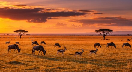 Serengeti wildlife grazing at sunset with stunning african landscape