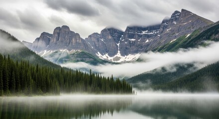 Fototapeta premium Majestic mountain peaks and serene foggy lake landscape