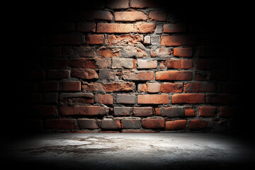 Rustic brick wall and concrete floor illuminated in dim light for artistic background setting