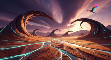 Keuken achterwand Bordeaux Majestic fantasy landscape with vibrant bird and alien terrain at sunset  © Vladislav