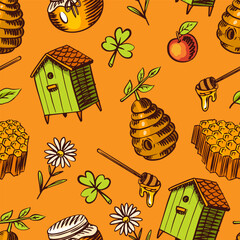 Apiary, beekeeping honey seamless pattern. Jars and a bee . Hand drawn spoon, honeycomb. Clover and chamomile. Engraved elements for your design.