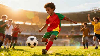 Afro-American boy playing soccer, an energetic sports moment, creating an atmosphere of athletic passion and youthful determination.