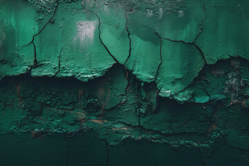 Textured green wall with cracks showing age and deterioration in an urban setting