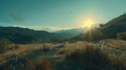 Mountainous landscape at sunset, sun breaking through clouds, with particles in the air