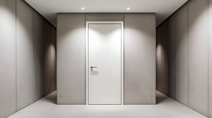A minimalist home entrance featuring a seamless flush door in matte white finish with no visible handle, set against a smooth concrete wall background that stretches up to the ceiling.