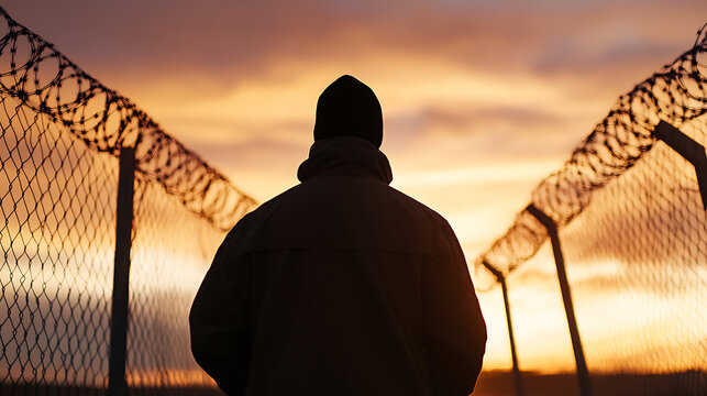 A silhouette stands near a fence topped with coiled barbed wire under a vibrant sky, evoking themes of confinement, resilience, and the human spirit's endurance. - Powered by Adobe