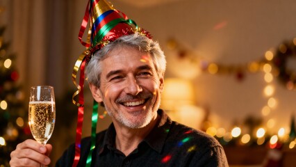 Grey-haired man in party hat, a cheerful celebration participant, creating an atmosphere of joyful aging and festive spirit.