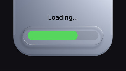 Loading bar with green progress indicator and text. Data processing and software update concept. Interface element for digital application.