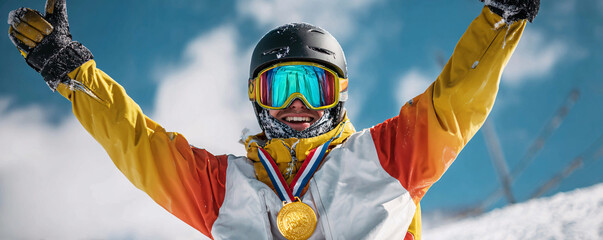 Excited snowboarder celebrating victory on snow mountain slope, winning gold medal