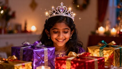 Indian girl with crown surrounded by gifts, a royal celebration moment, creating an atmosphere of cultural pride and joyful abundance.