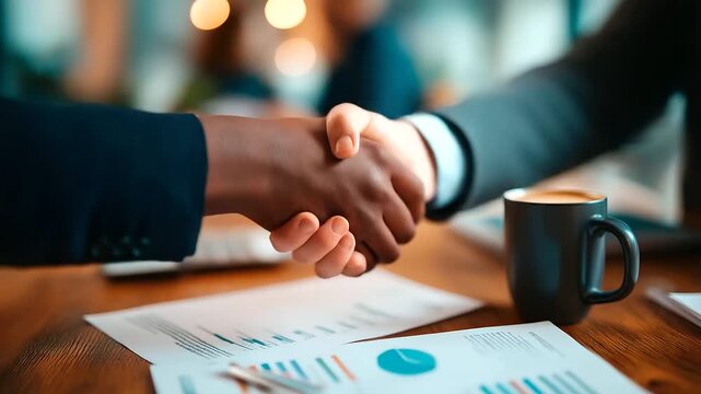 A young woman and a Black man shake hands firmly over a stack of contract papers financial charts scattered across a polished wooden desk a calculator and a coffee mug nearby