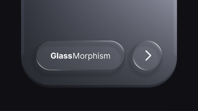 Glass morphism interface button with arrow. Modern UI element in neumorphism style. User interface design concept. Application component with liquid glass effect.