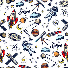 Hand drawn space doodles seamless patterns in sketchy style with rocket astronaut or spaceman, planets and telescope. science elements for kids and educational content