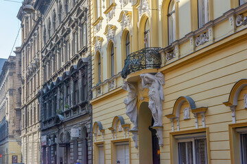 View of buildings on Aradi street in Budapest, Hungary.
