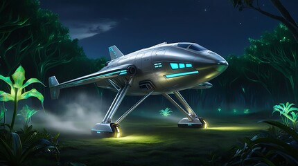 Silver research spaceship with metallic sheen and glowing blue accents landed near a dense glowing green alien forest, bioluminescent plants.
