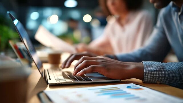 A middle aged Black man types rapidly on a laptop displaying financial charts a young woman flipping through papers with budget notes their desk cluttered with pens and a coffee